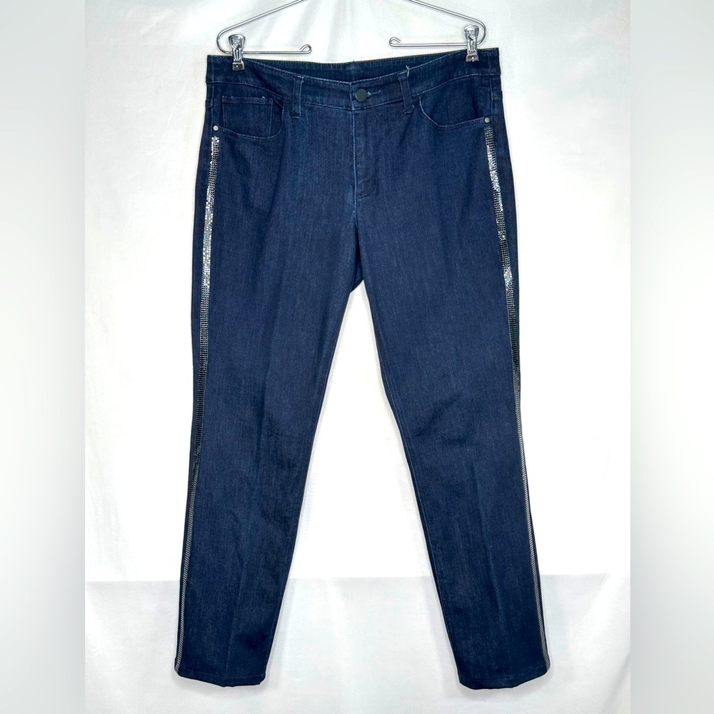 Christopher & Banks Jeans‎ Tuxedo Strip Black Rhinestones Blue Dark Wash Sz 10